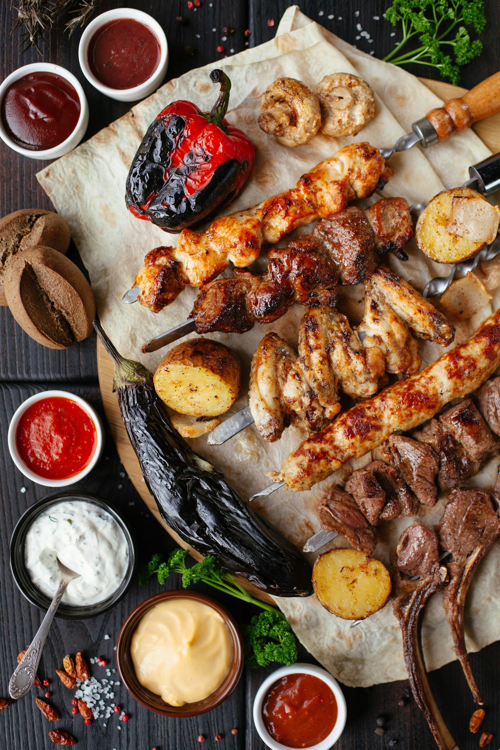 Grilled skewers on a dark board