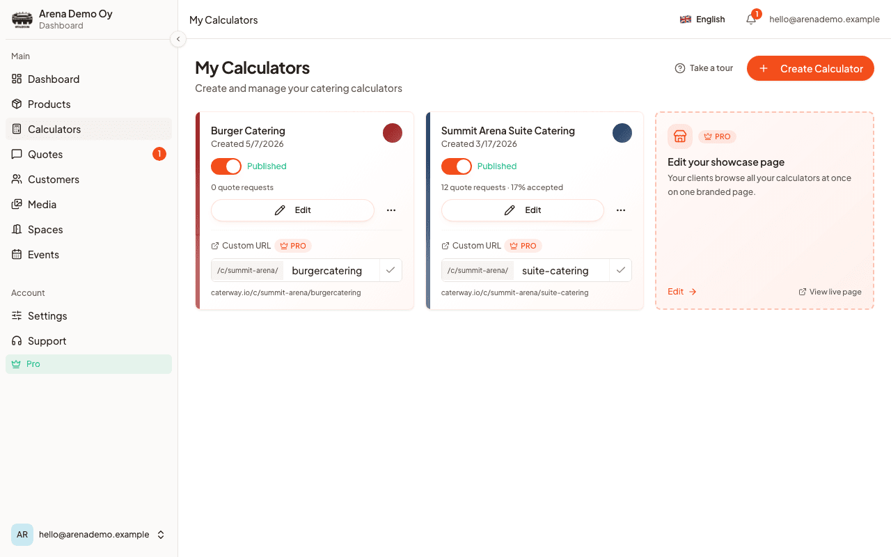 CaterWay calculator list showing embeddable per-guest pricing calculators for a catering website
