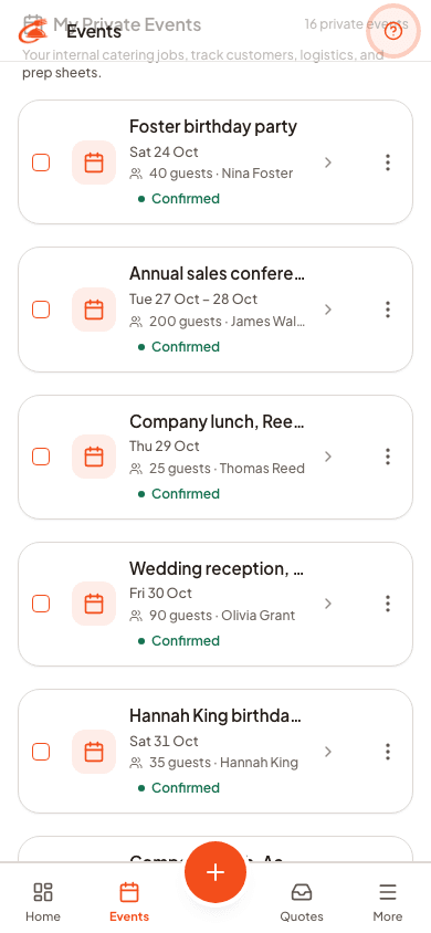 Every confirmed job, with its guest count and contact, on your phone.