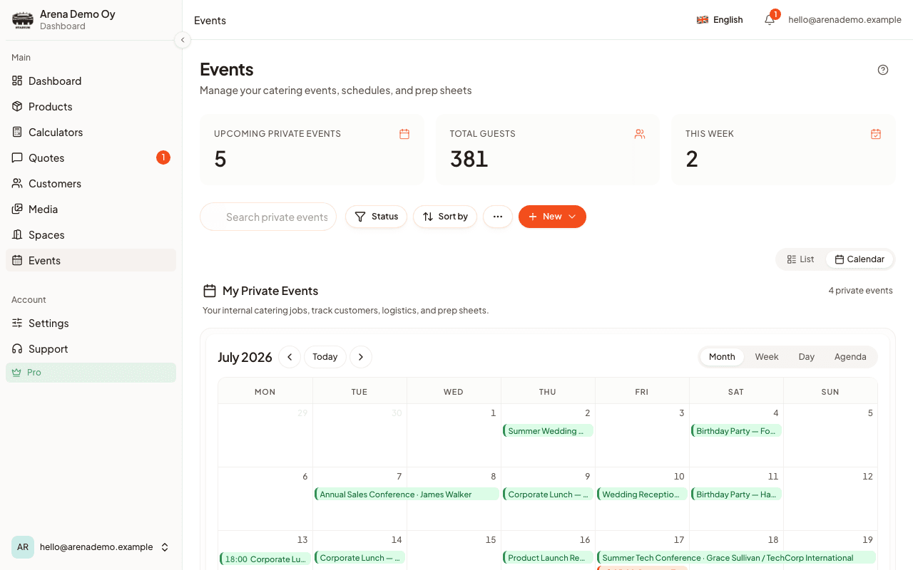 CaterWay calendar view with catering events and delivery details
