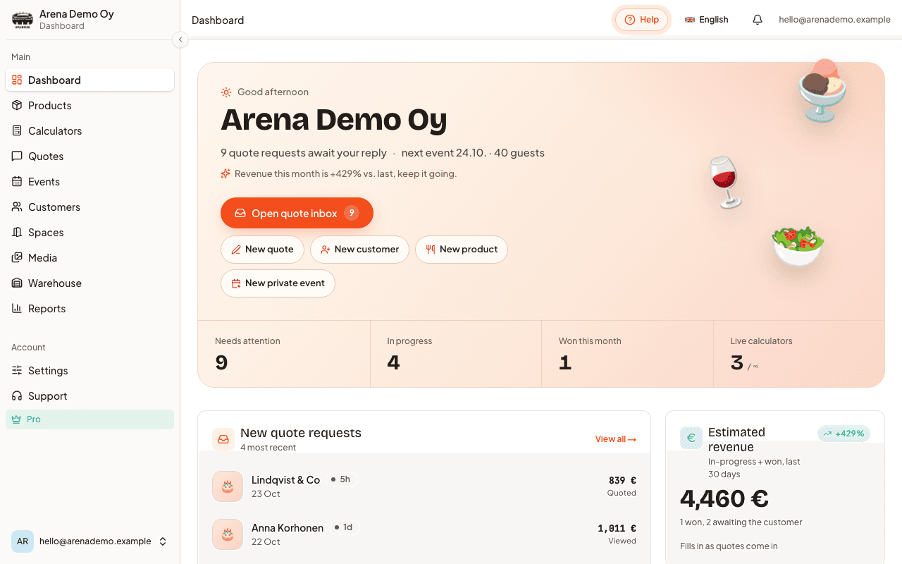 CaterWay dashboard showing recent catering quotes and upcoming events