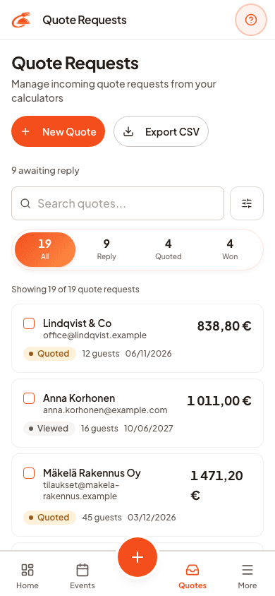 Every quote request logged with its status and total.