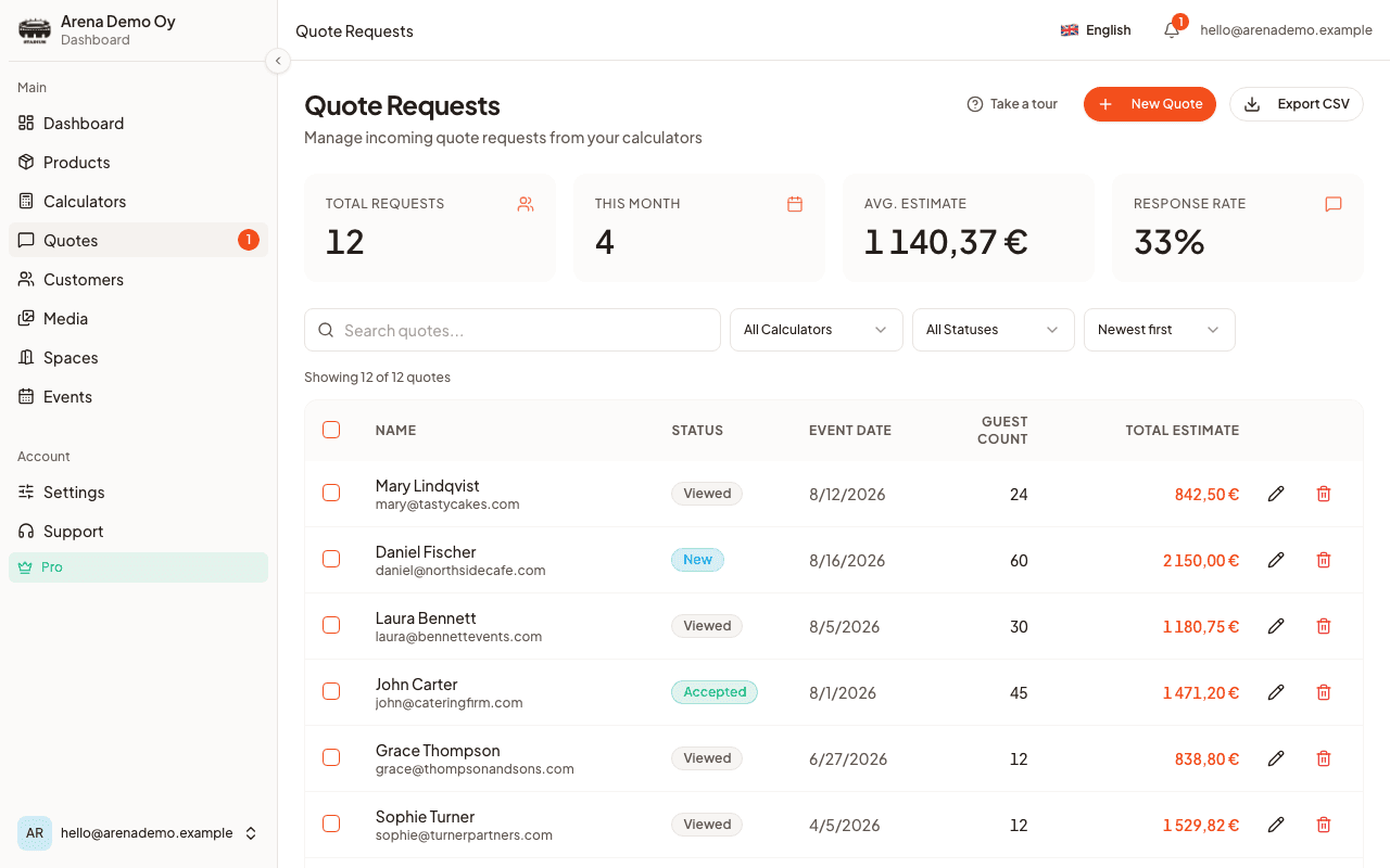 CaterWay quote inbox showing incoming catering requests with status labels