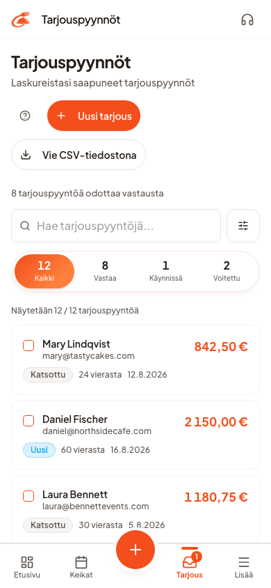 Kaikki tarjouspyynnöt järjestyksessä tilatietoineen ja summineen.