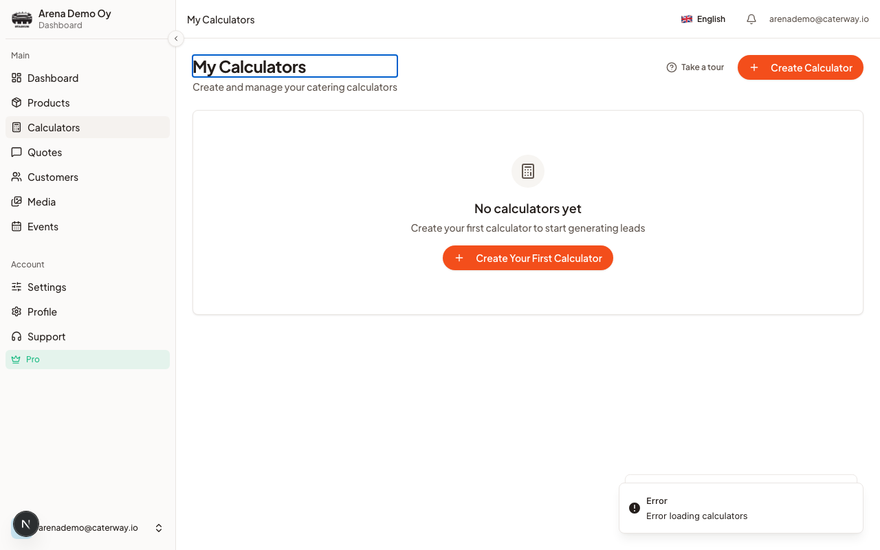 The Calculators page: every calculator with its own stats and status
