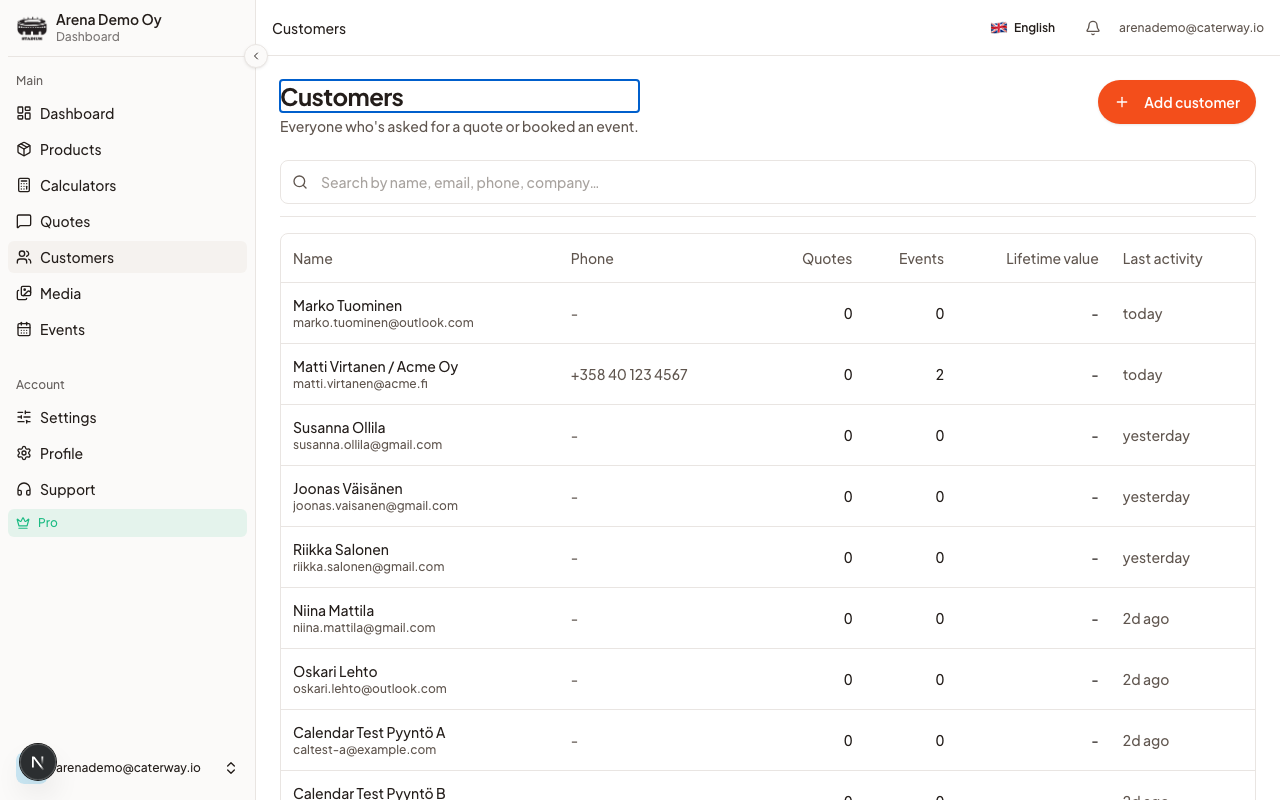 The customer list: quote and event counts, lifetime value, and labels