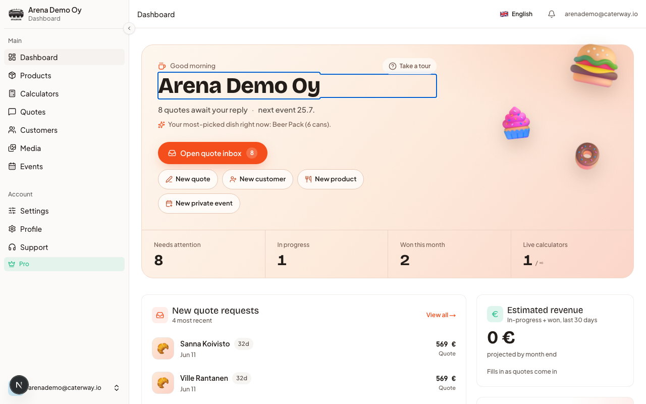 Your dashboard: greeting, quick actions, stat rail, and the main cards