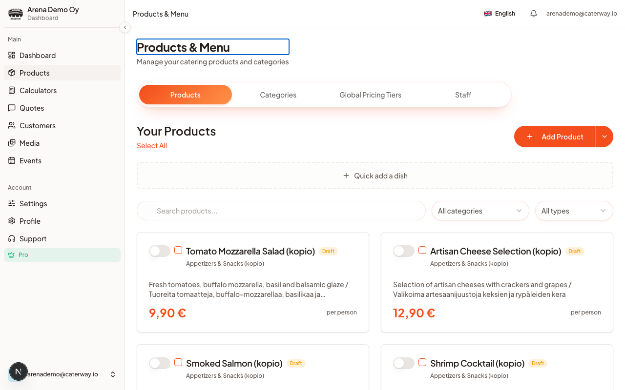 The Products page: your whole library, grouped by category