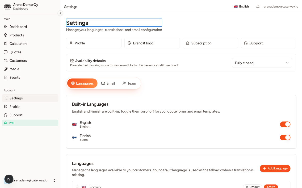 The Settings area: every section reachable from its own page