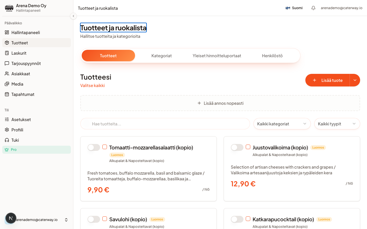 Tuotteet-sivu: koko kirjastosi kategorioittain