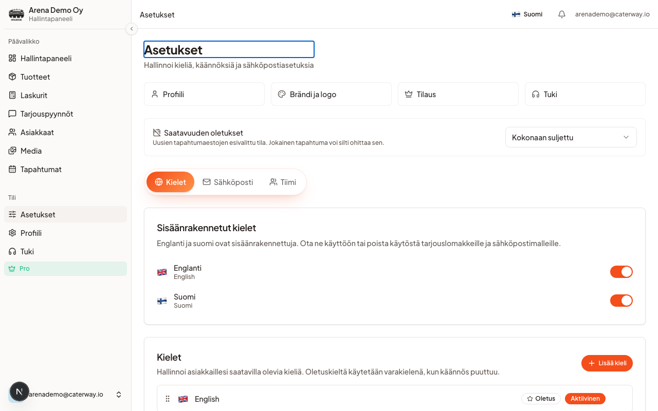 Asetukset-alue: jokainen osio omalla sivullaan